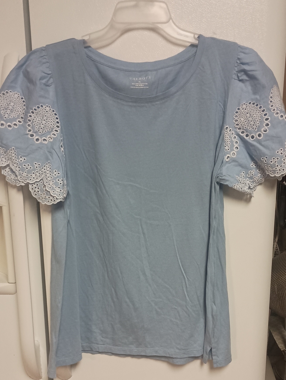 Talbots Powder Blue Cotton Tee with Eyelet Puff Sleeves Women's Size Xl